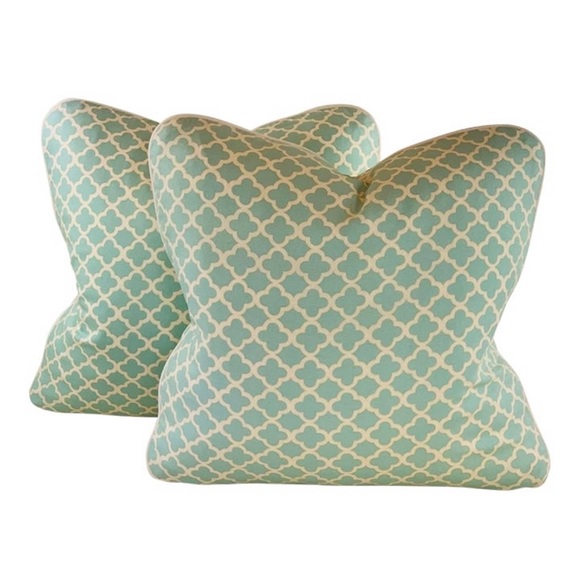 PR 16” P Kaufmann Waverly Aqua Turquoise Cream Fretwork Geometric Pillow Covers - Picture 1 of 6